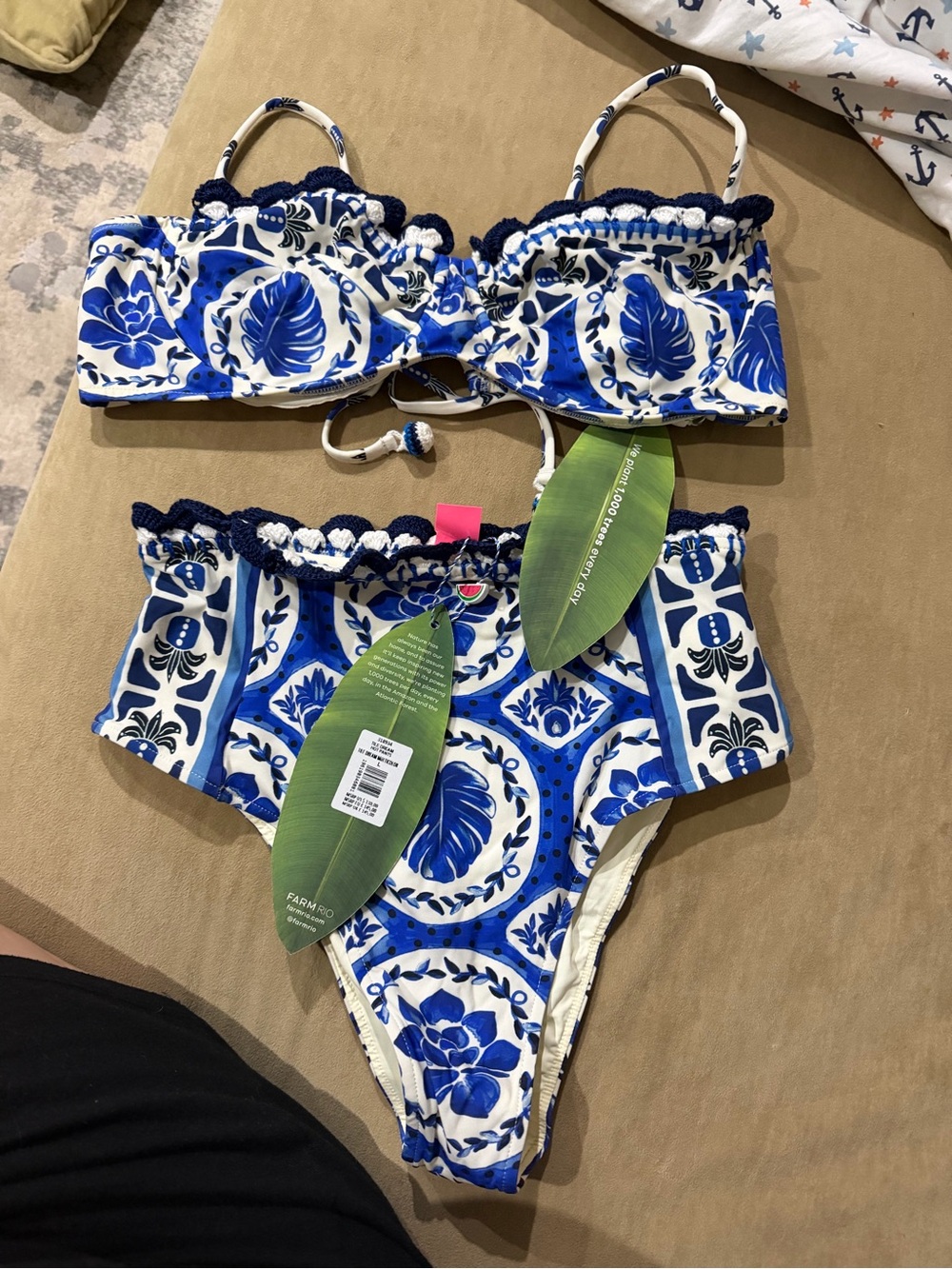FARM Rio Blue and White Floral Tile High-Rise Bikini with Crochet Trim